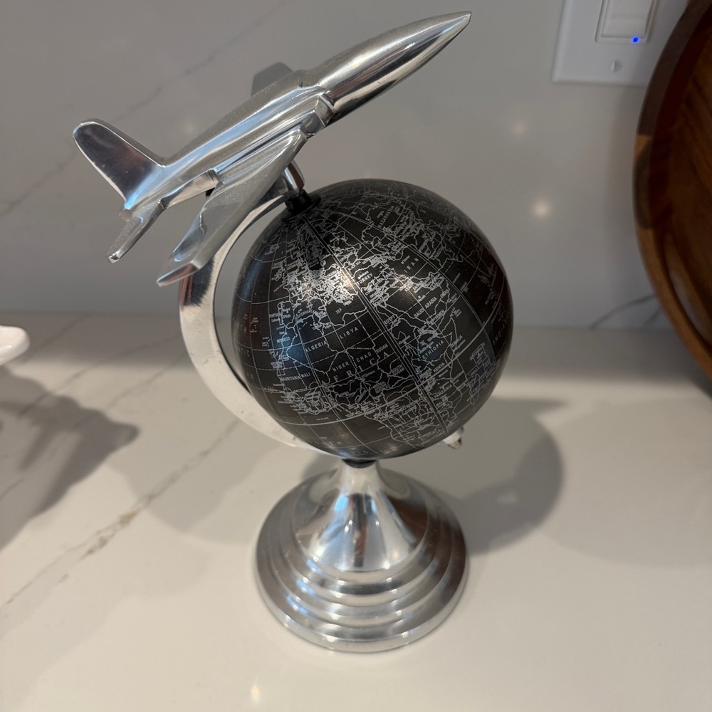 Silver Jet Globe Desk Decor - Black Globe with Silver Stand with spinning globe